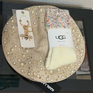 Karl Lagerfeld Pearl Tan Beret - UGG Multicolor Socks - Bee Keychain